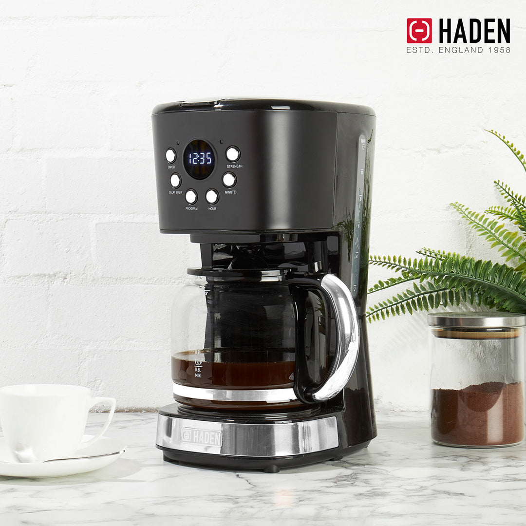 Haden Coffee Machine, 12 Cup Programmable Drip Coffee Maker, Black & Chrome