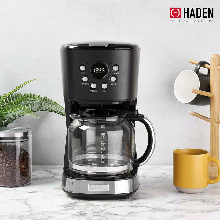 Haden Coffee Machine, 12 Cup Programmable Drip Coffee Maker, Black & Chrome