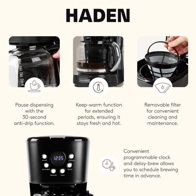 Haden Coffee Machine, 12 Cup Programmable Drip Coffee Maker, Black & Chrome - VMInnovations