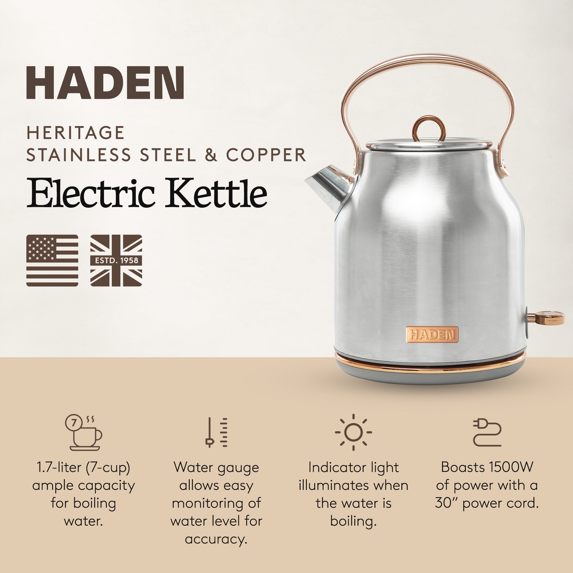 Haden Heritage 1.7L Stainless Steel Retro Electric Kettle, Steel/Copper(OpenBox) - VMInnovations
