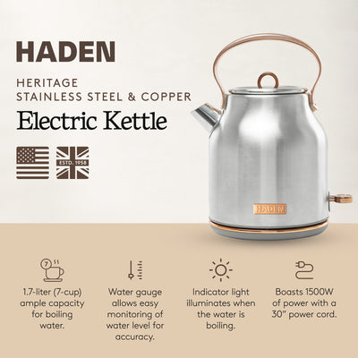 Haden Heritage 1.7L Stainless Steel Retro Electric Kettle, Steel/Copper(OpenBox)