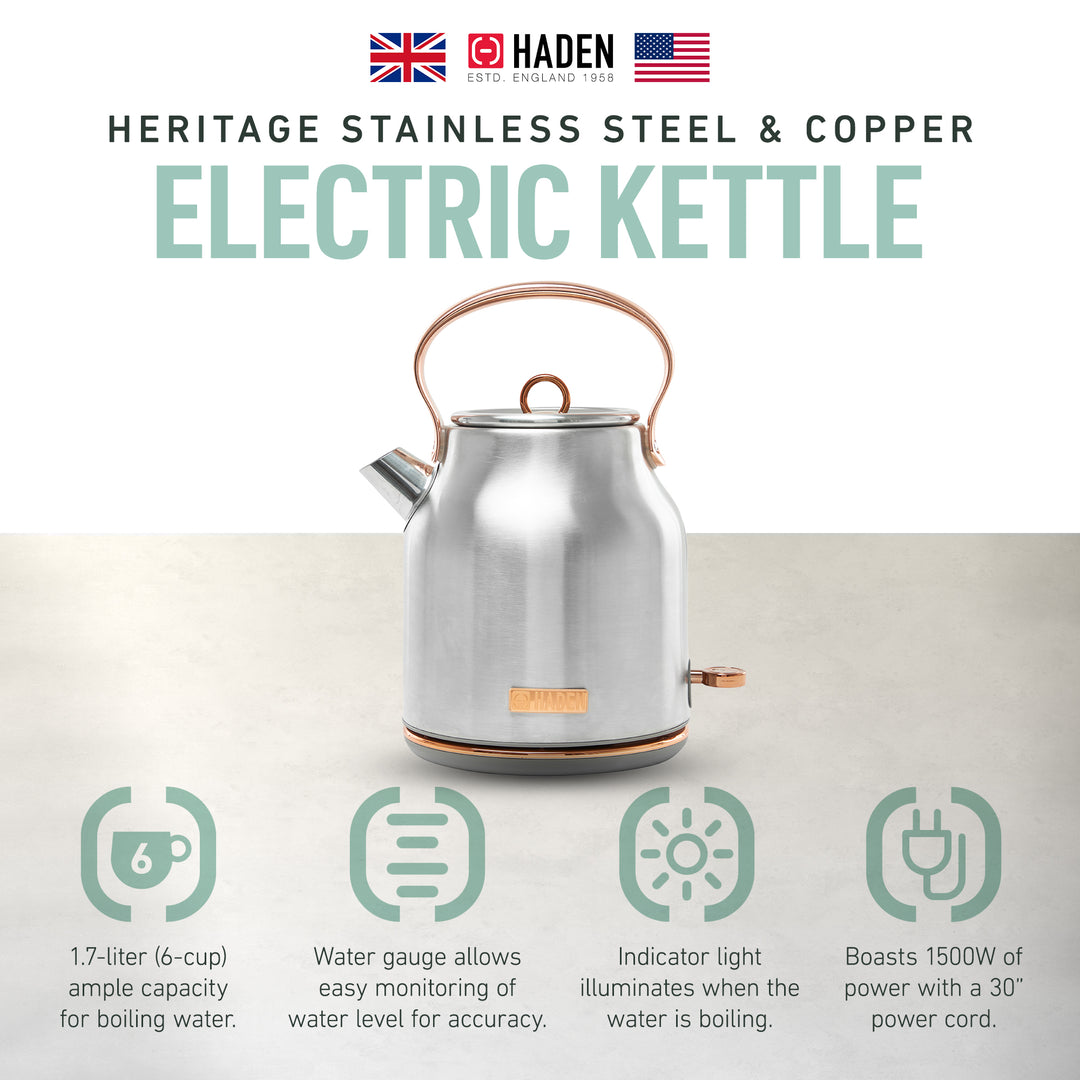 Haden 1.7 Liter Stainless Steel Electric Water Kettle, Steel & Copper(For Parts)