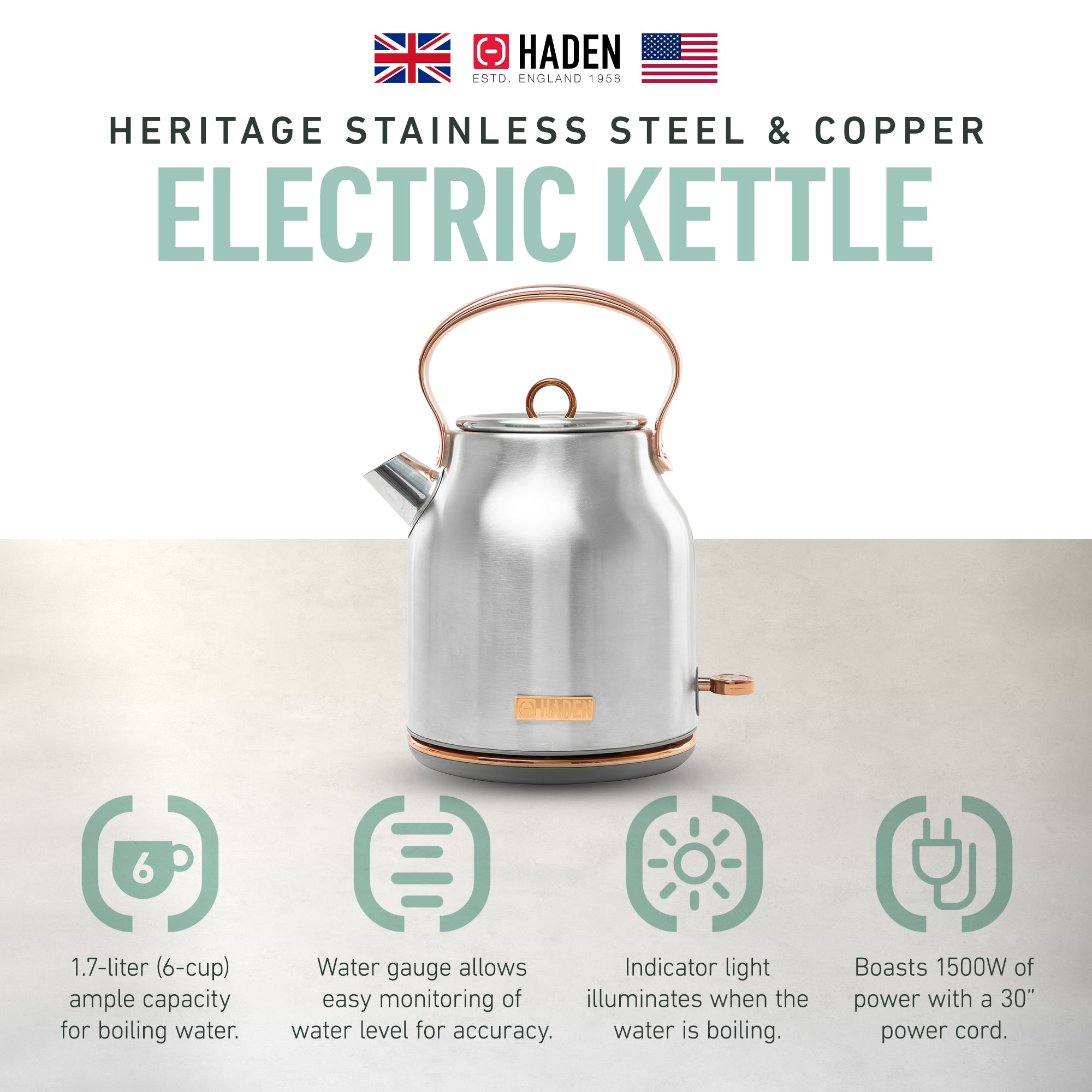 Haden 1.7 Liter Stainless Steel Electric Water Kettle, Steel & Copper(For Parts) - VMInnovations