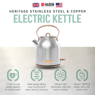 Haden 1.7 Liter Stainless Steel Electric Water Kettle, Steel & Copper(For Parts) - VMInnovations