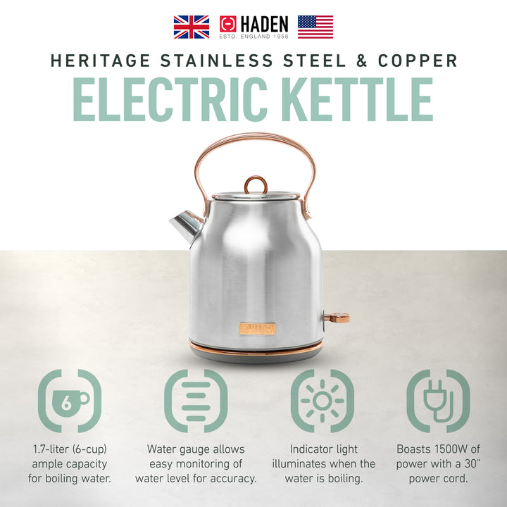 Haden Heritage 1.7L Stainless Steel Retro Electric Kettle, Steel/Copper (Used)