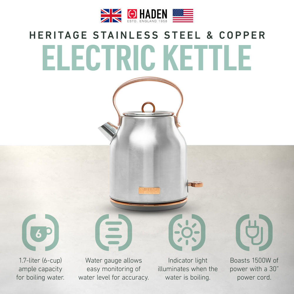 Haden 1.7 Liter Stainless Steel Electric Water Kettle, Steel & Copper(For Parts) - VMInnovations