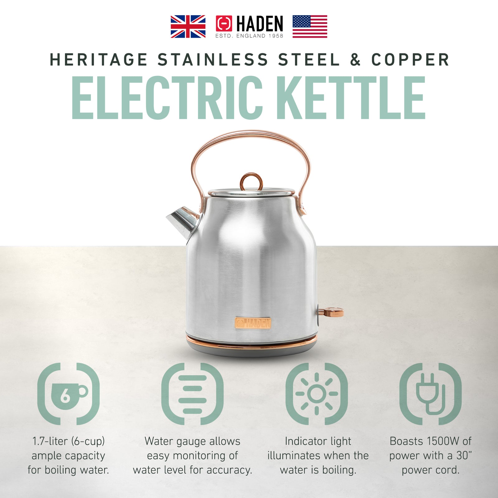 Haden 1.7 Liter Stainless Steel Electric Water Kettle, Steel & Copper(For Parts) - VMInnovations
