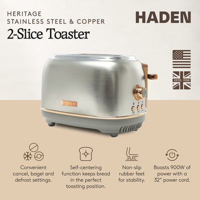 Haden 2 Slice Wide Slot Toaster w/Removable Crumb Tray, Steel/Copper(Open Box) - VMInnovations