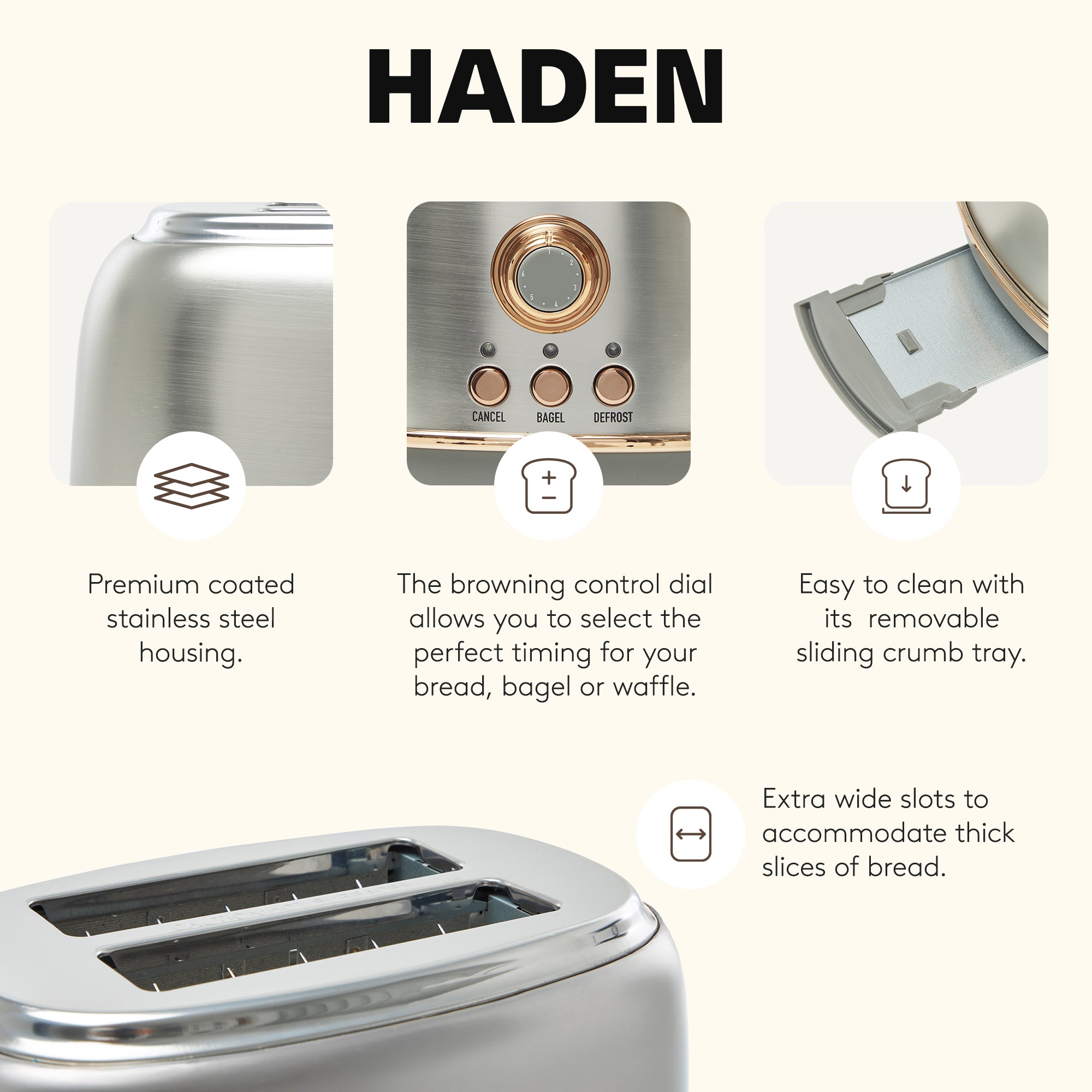 Haden 2 Slice Wide Slot Toaster w/Removable Crumb Tray, Steel/Copper(Open Box) - VMInnovations