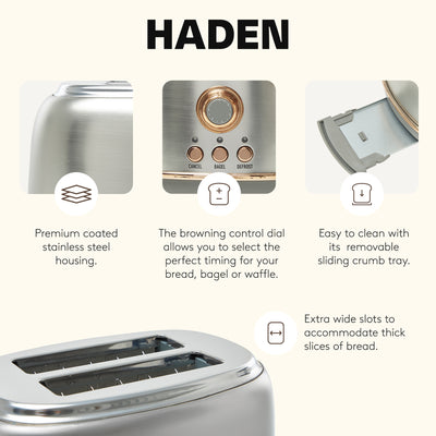 Haden 2 Slice Wide Slot Toaster w/Removable Crumb Tray, Steel/Copper(Open Box) - VMInnovations