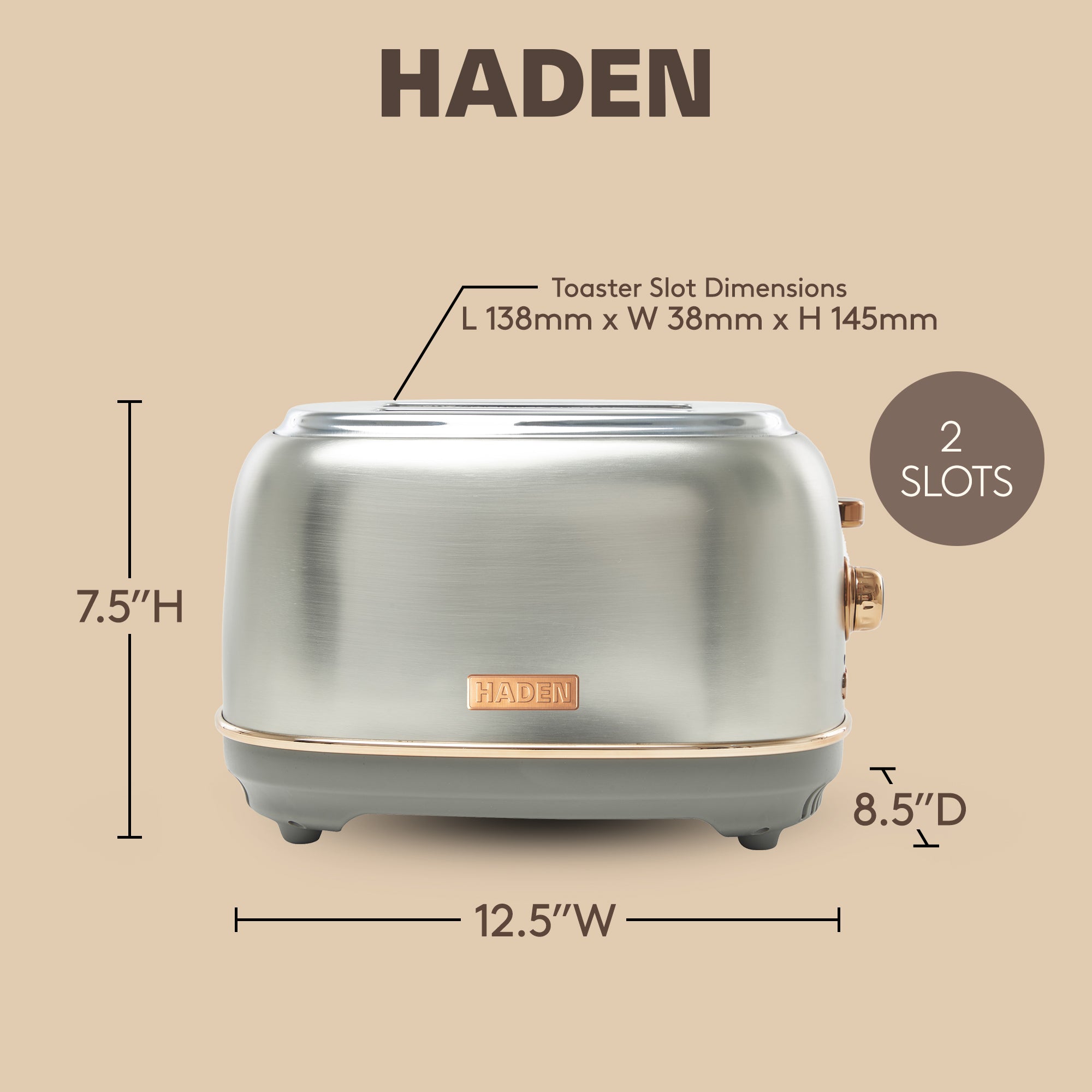 Haden 2 Slice Wide Slot Toaster w/Removable Crumb Tray, Steel/Copper(Open Box) - VMInnovations