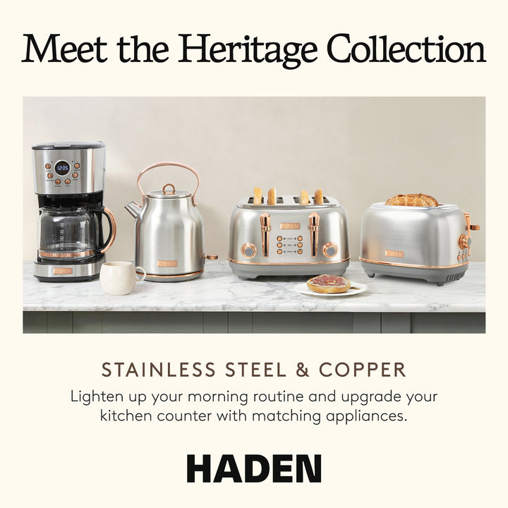 Haden Heritage 2 Slice Wide Slot Stainless Steel Toaster, Steel & Copper