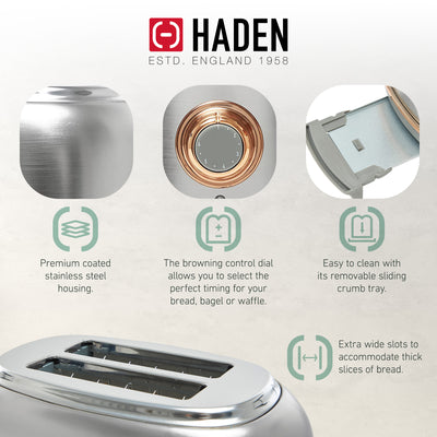 Haden 2 Slice Wide Slot Toaster w/Removable Crumb Tray, Steel/Copper(Open Box)