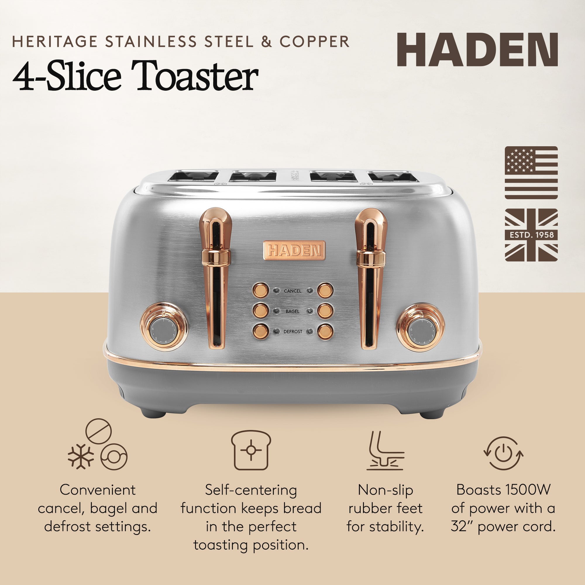 Haden Heritage 4 Slice Wide Slot Stainless Steel Toaster, Steel & Copper - VMInnovations