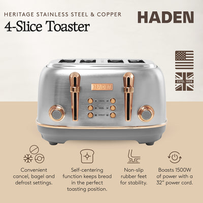 Haden Heritage 4 Slice Wide Slot Stainless Steel Toaster, Steel & Copper - VMInnovations
