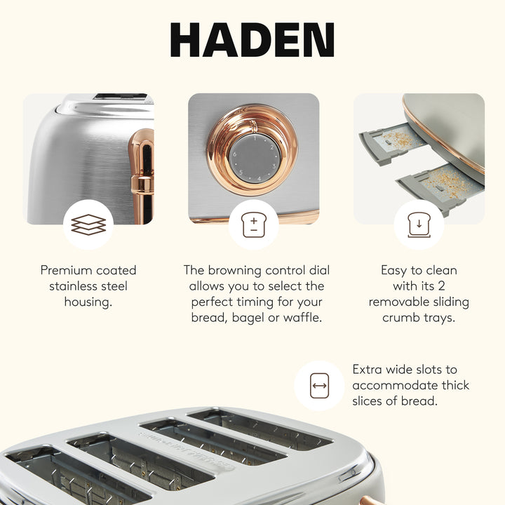 Haden Heritage 4 Slice Wide Slot Stainless Steel Toaster, Steel/Copper(Open Box)