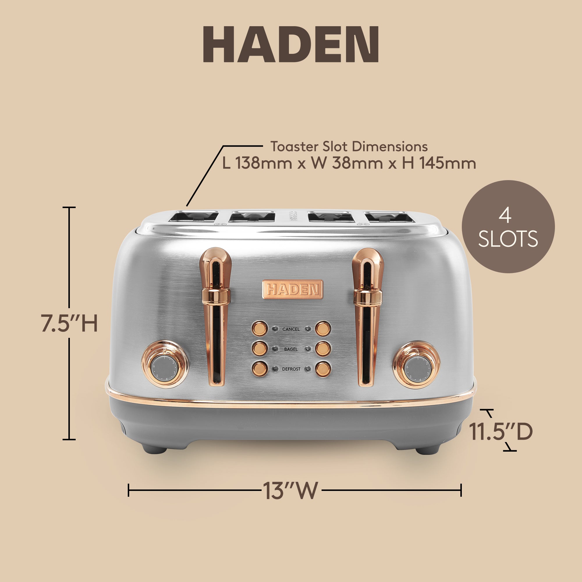 Haden Heritage 4 Slice Wide Slot Stainless Steel Toaster, Steel/Copper(Open Box)