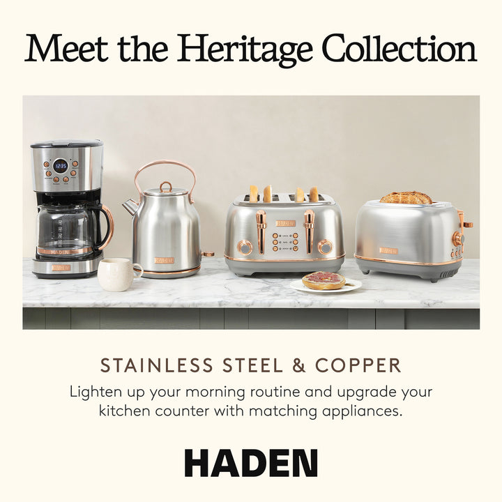 Haden Heritage 4 Slice Wide Slot Stainless Steel Toaster, Steel & Copper
