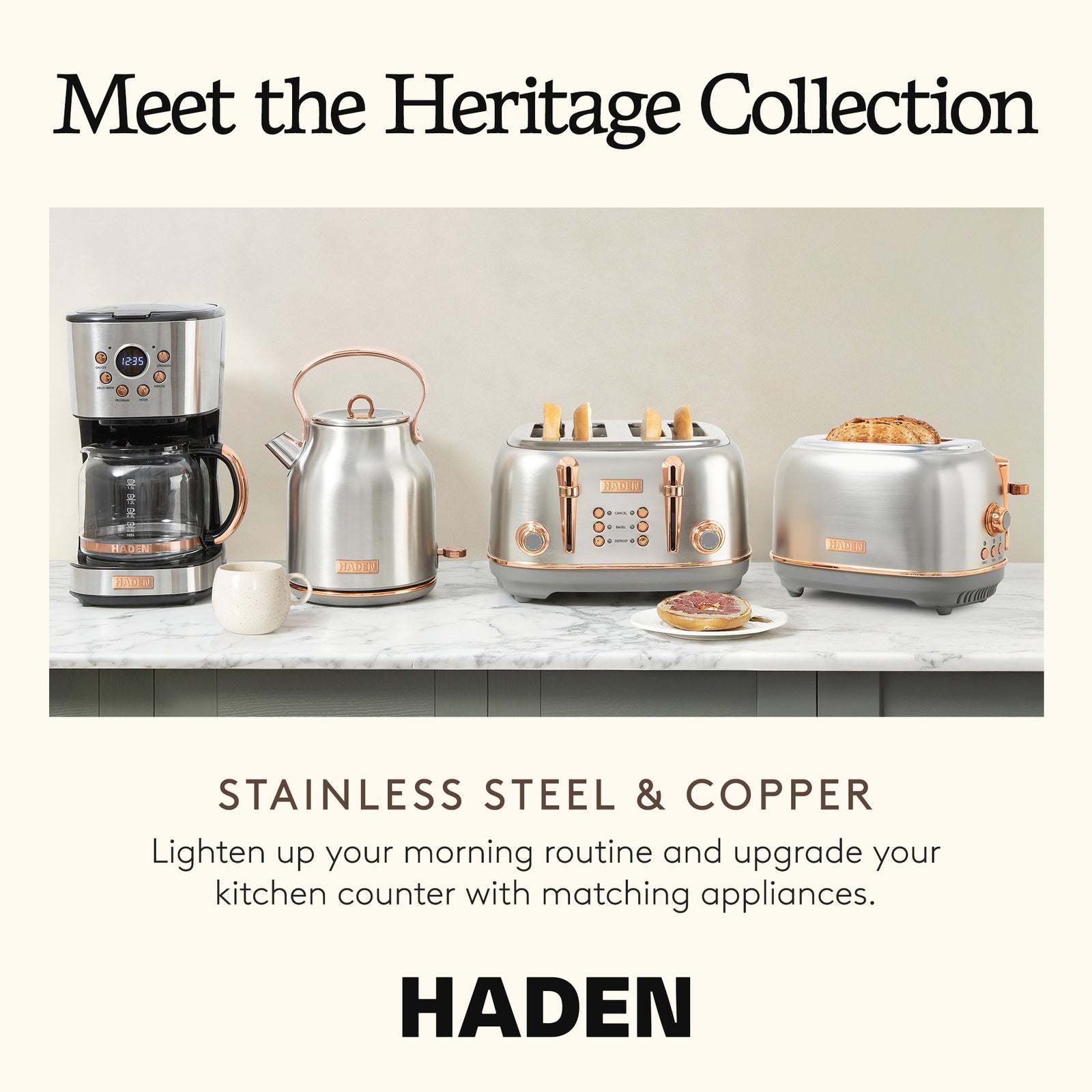Haden Heritage 4 Slice Wide Slot Stainless Steel Toaster, Steel/Copper(Open Box) - VMInnovations