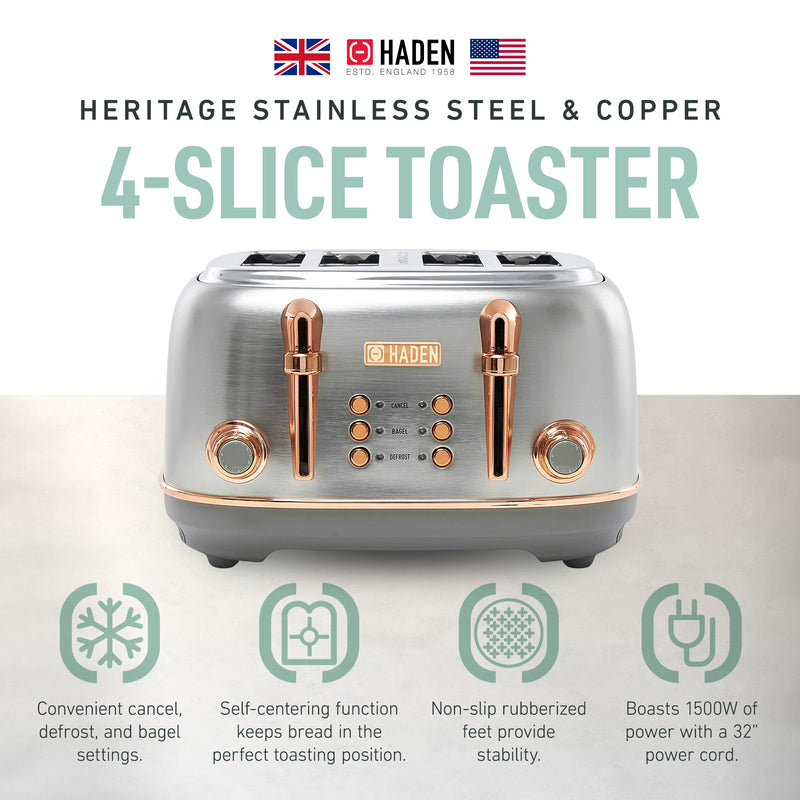 Haden Heritage 4 Slice Wide Slot Toaster with Crumb Tray, Steel/Copper (Used)