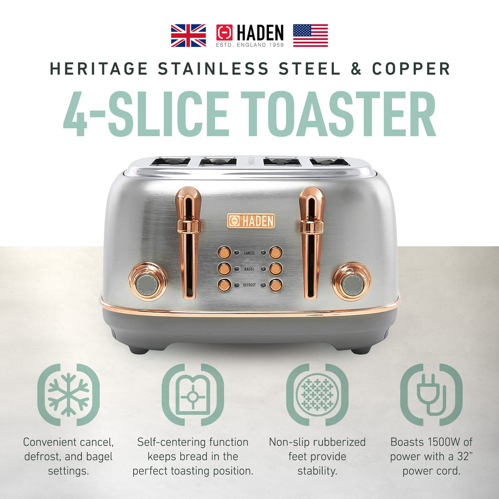 Haden Heritage 4 Slice Wide Slot Stainless Steel Toaster, Steel & Copper - VMInnovations