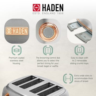 Haden Heritage 4 Slice Wide Slot Toaster with Crumb Tray, Steel/Copper (Used)