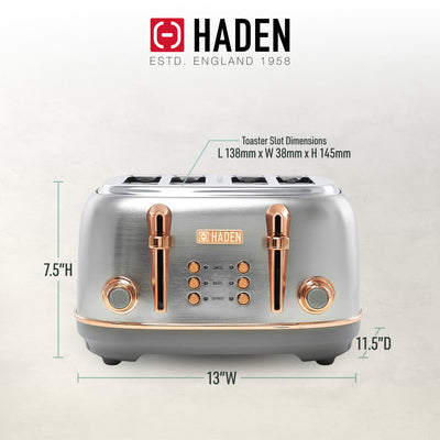 Haden Heritage 4 Slice Wide Slot Stainless Steel Toaster, Steel & Copper