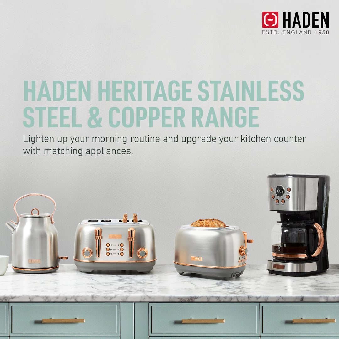 Haden Heritage 4 Slice Wide Slot Stainless Steel Toaster, Steel & Copper