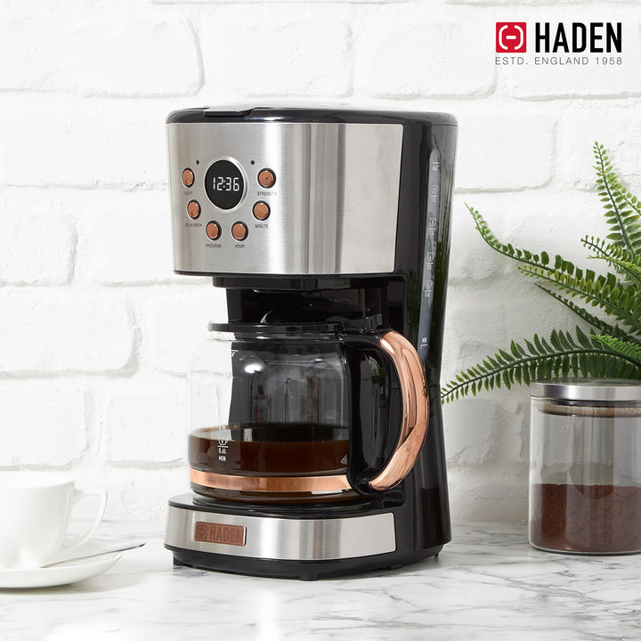 Haden Coffee Machine, 12 Cup Programmable Drip Coffee Maker, Steel & Copper