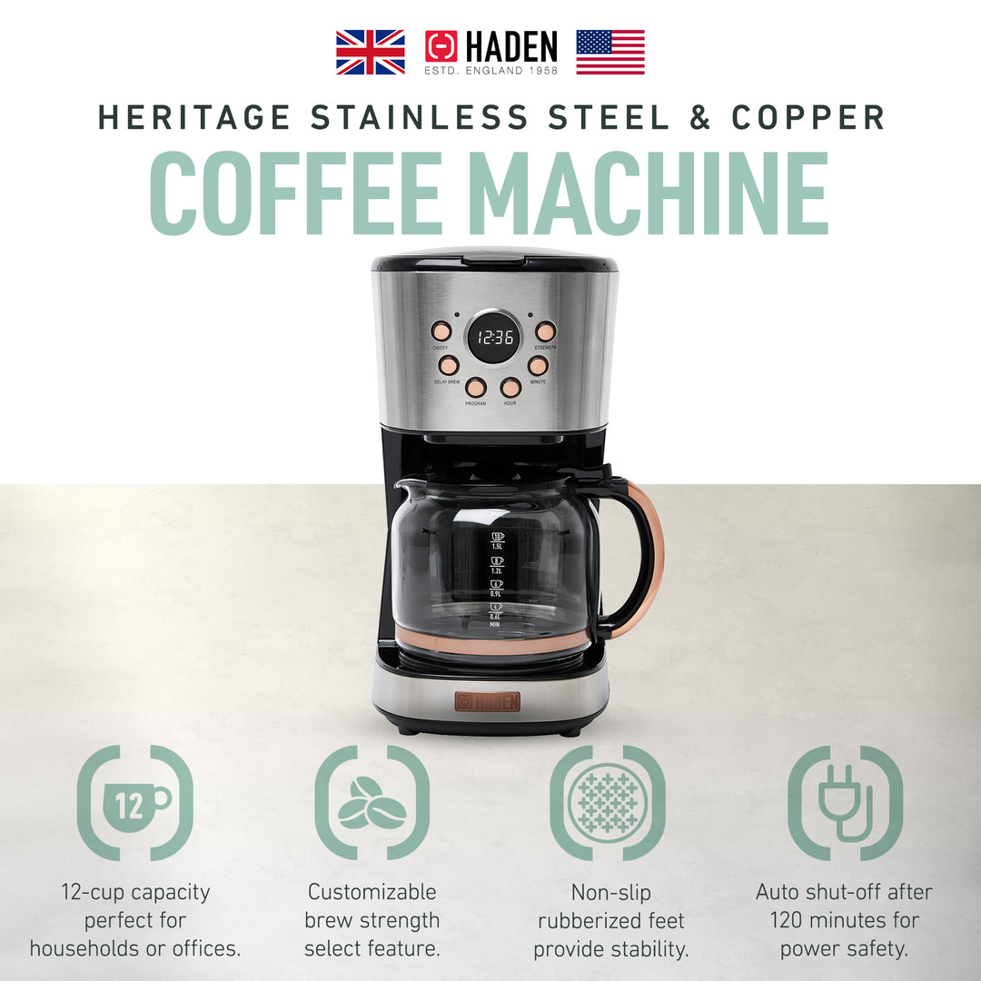 Haden Coffee Machine, 12 Cup Programmable Drip Coffee Maker, Steel & Copper