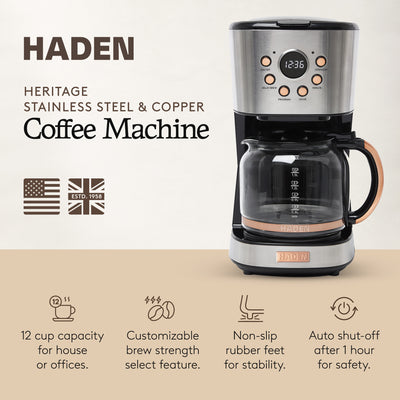 Haden Heritage 12 Cup Programmable Retro Coffee Maker, Steel/Copper (Open Box) - VMInnovations