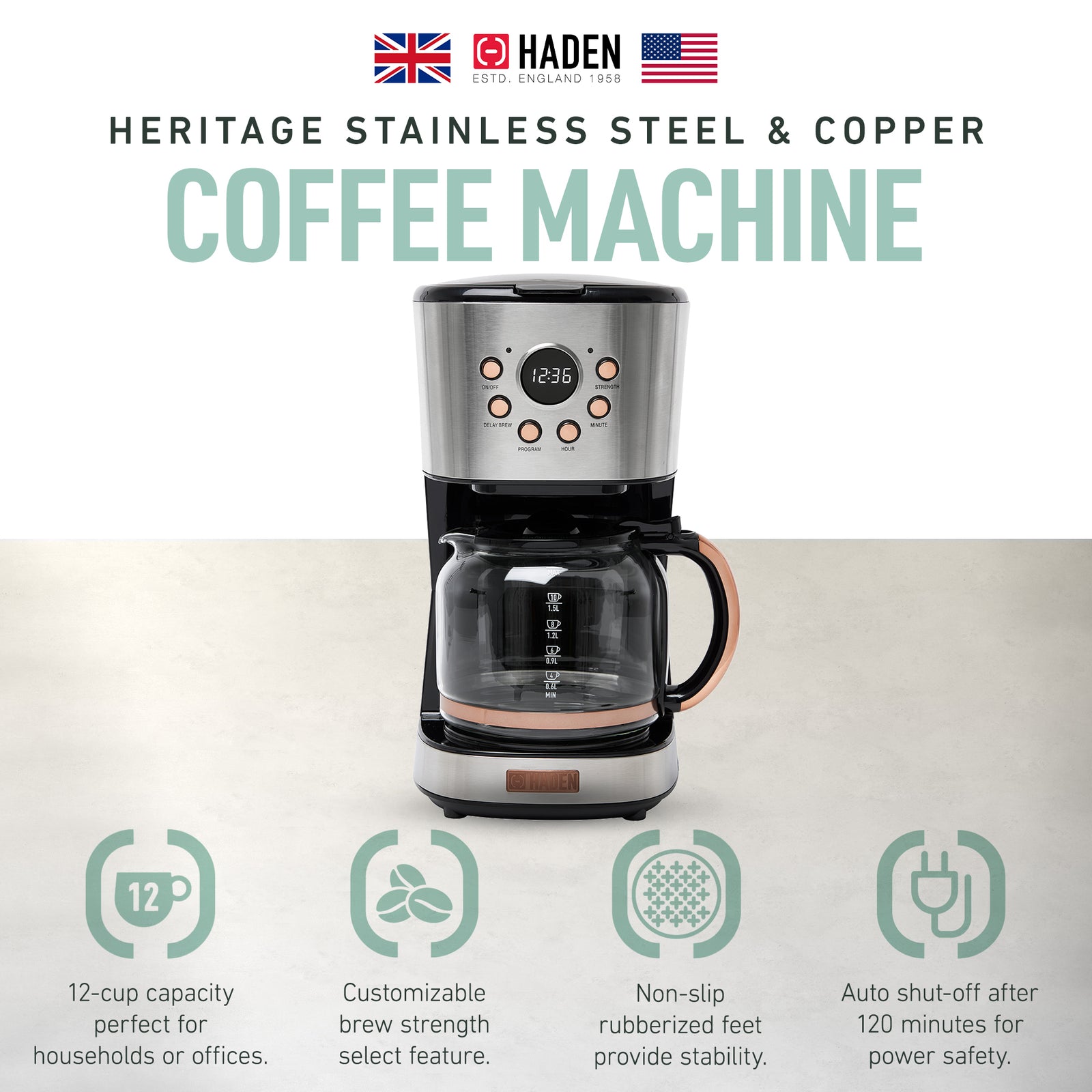 Haden Heritage 12 Cup Retro Coffee Maker Machine, Steel/Copper (Used) - VMInnovations