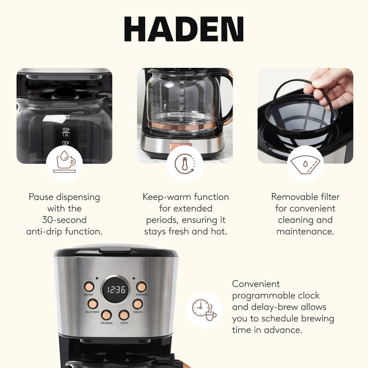 Haden Heritage 12 Cup Programmable Retro Coffee Maker, Steel/Copper (Open Box)