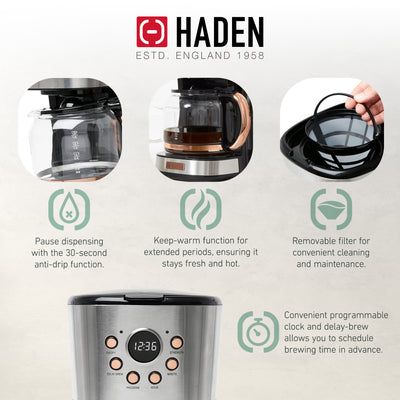 Haden Heritage 12 Cup Programmable Retro Coffee Maker, Steel/Copper (Open Box)