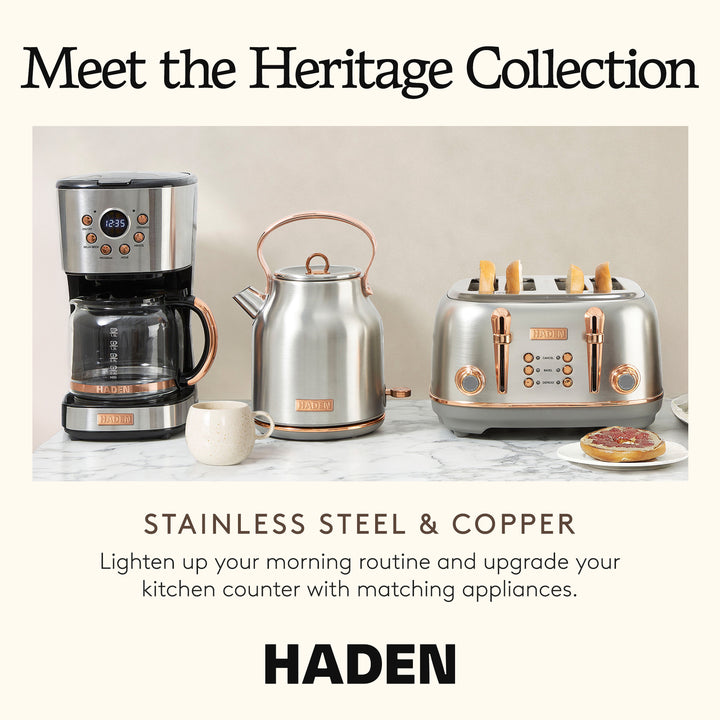 Haden Coffee Machine, 12 Cup Programmable Drip Coffee Maker, Steel & Copper