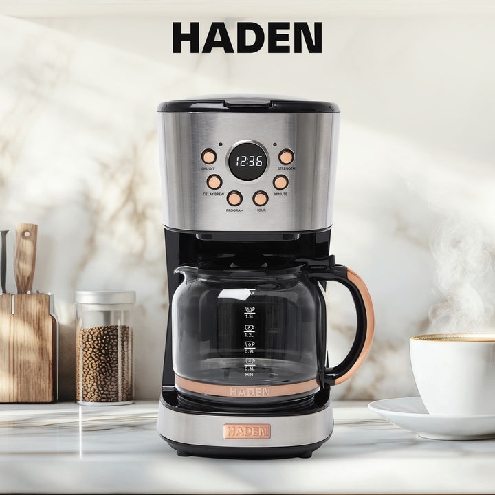 Haden Coffee Machine, 12 Cup Programmable Drip Coffee Maker, Steel & Copper