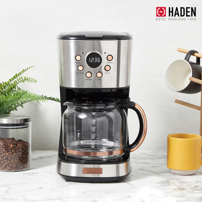 Haden Coffee Machine, 12 Cup Programmable Drip Coffee Maker, Steel & Copper