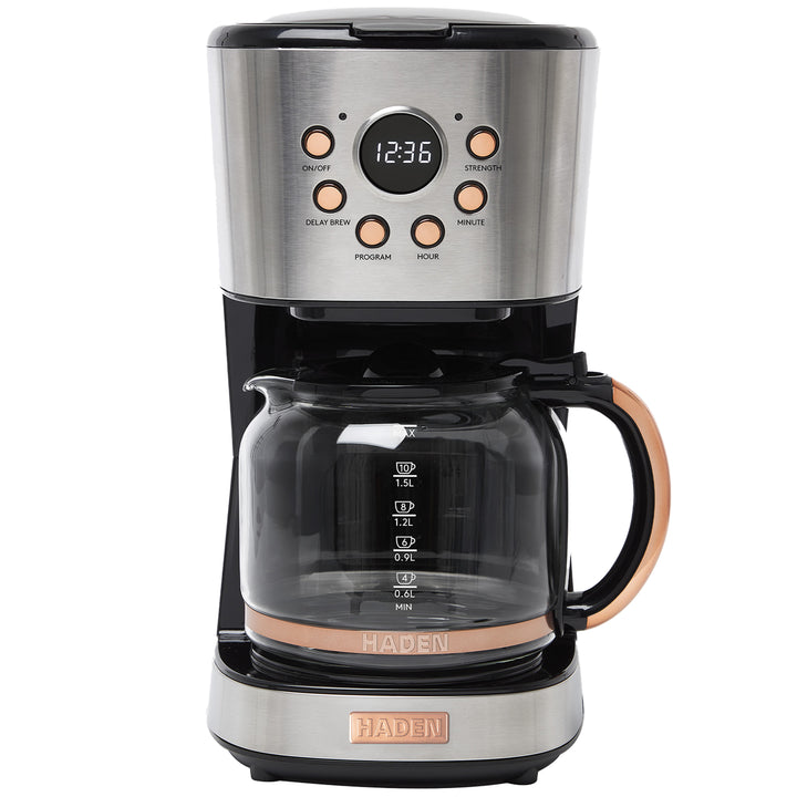 Haden Coffee Machine, 12 Cup Programmable Drip Coffee Maker, Steel & Copper