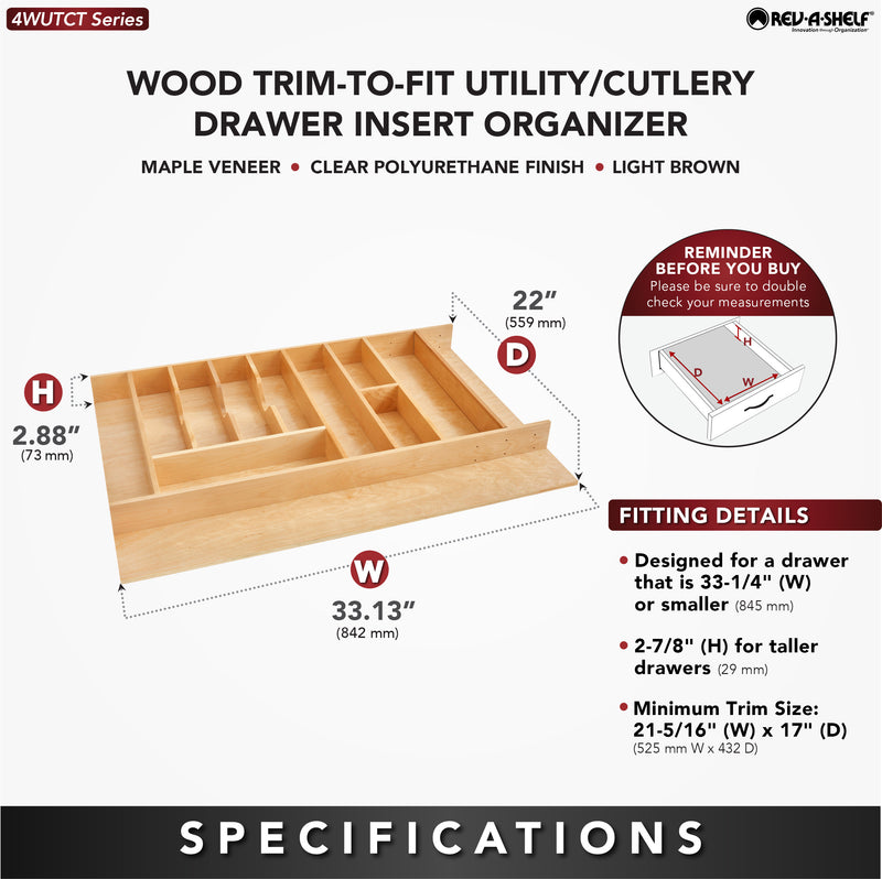 Rev-A-Shelf Wood Trim-to-Fit Drawer Organizer Insert, 33.13 x 22 In, 4WUTCT-36-1