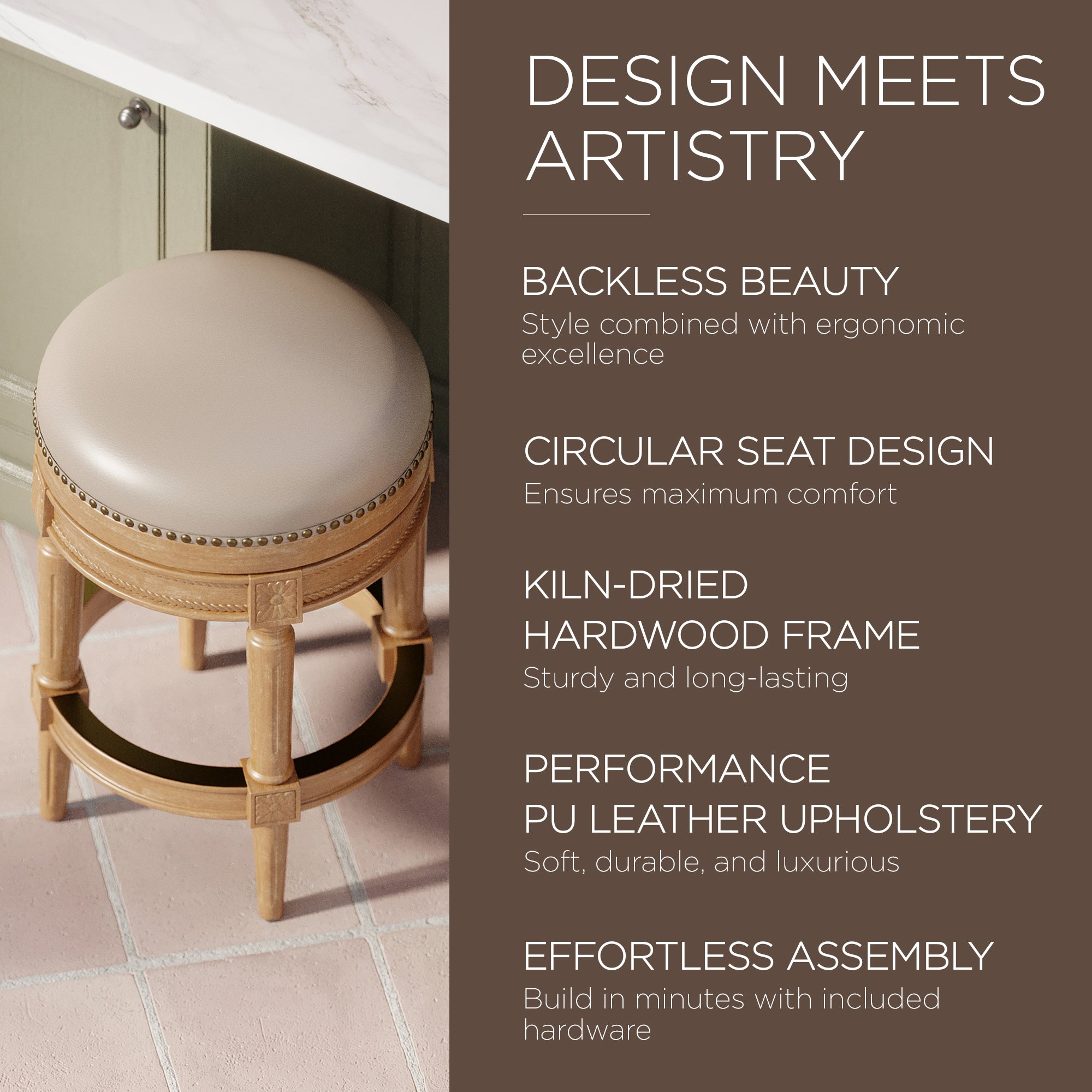 Maven Lane Backless Counter Stool Oak Finish w/ Avanti Bone Vegan Leather (Used) - VMInnovations