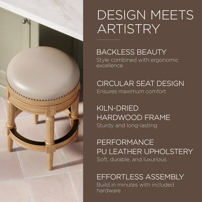 Maven Lane Backless Counter Stool Oak Finish w/ Avanti Bone Vegan Leather (Used) - VMInnovations