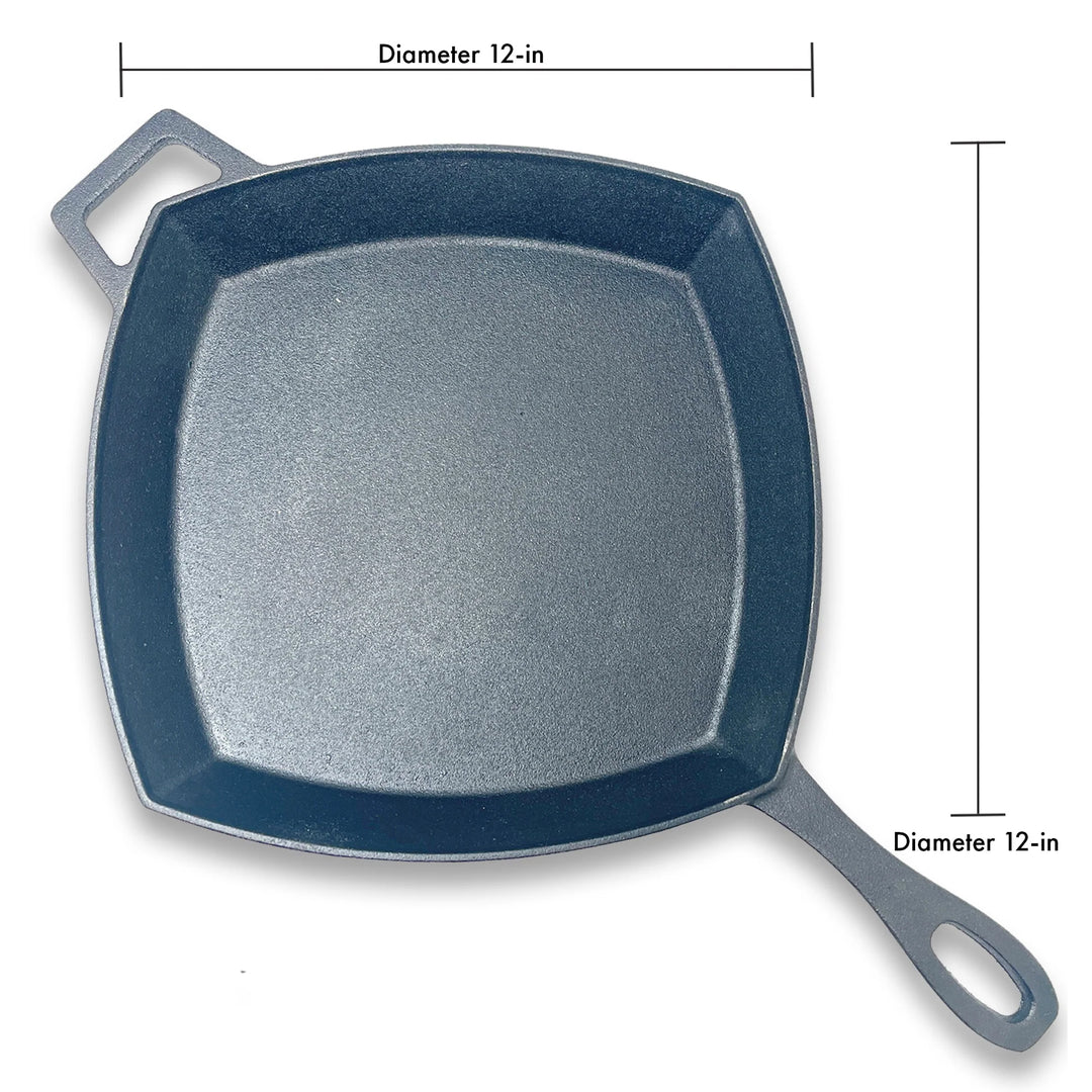 Bayou Classic 12 Inch Square Cast Iron Cooking Skillet Pan with Helper Handle