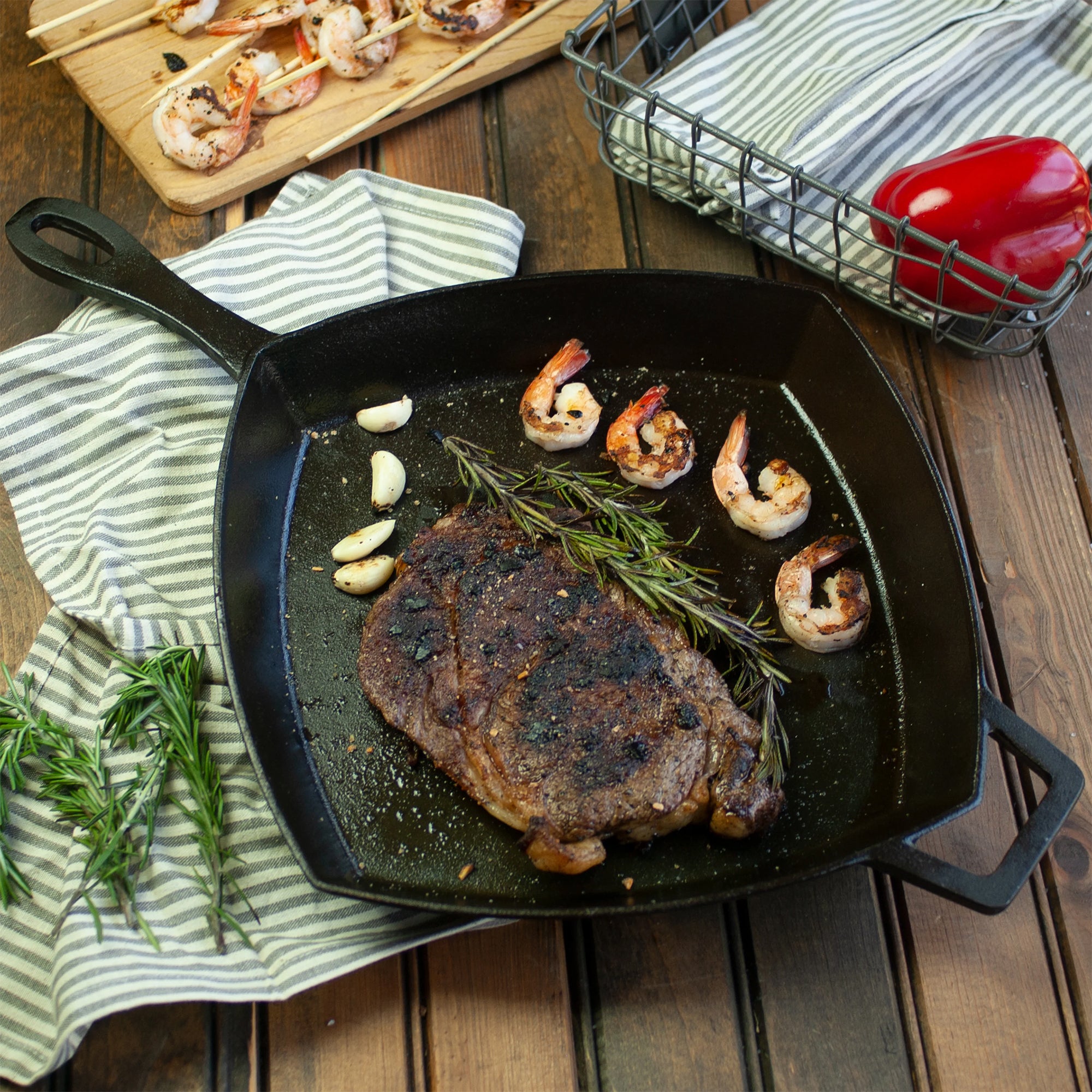 Bayou Classic 12 Inch Square Cast Iron Cooking Skillet Pan with Helper Handle - VMInnovations