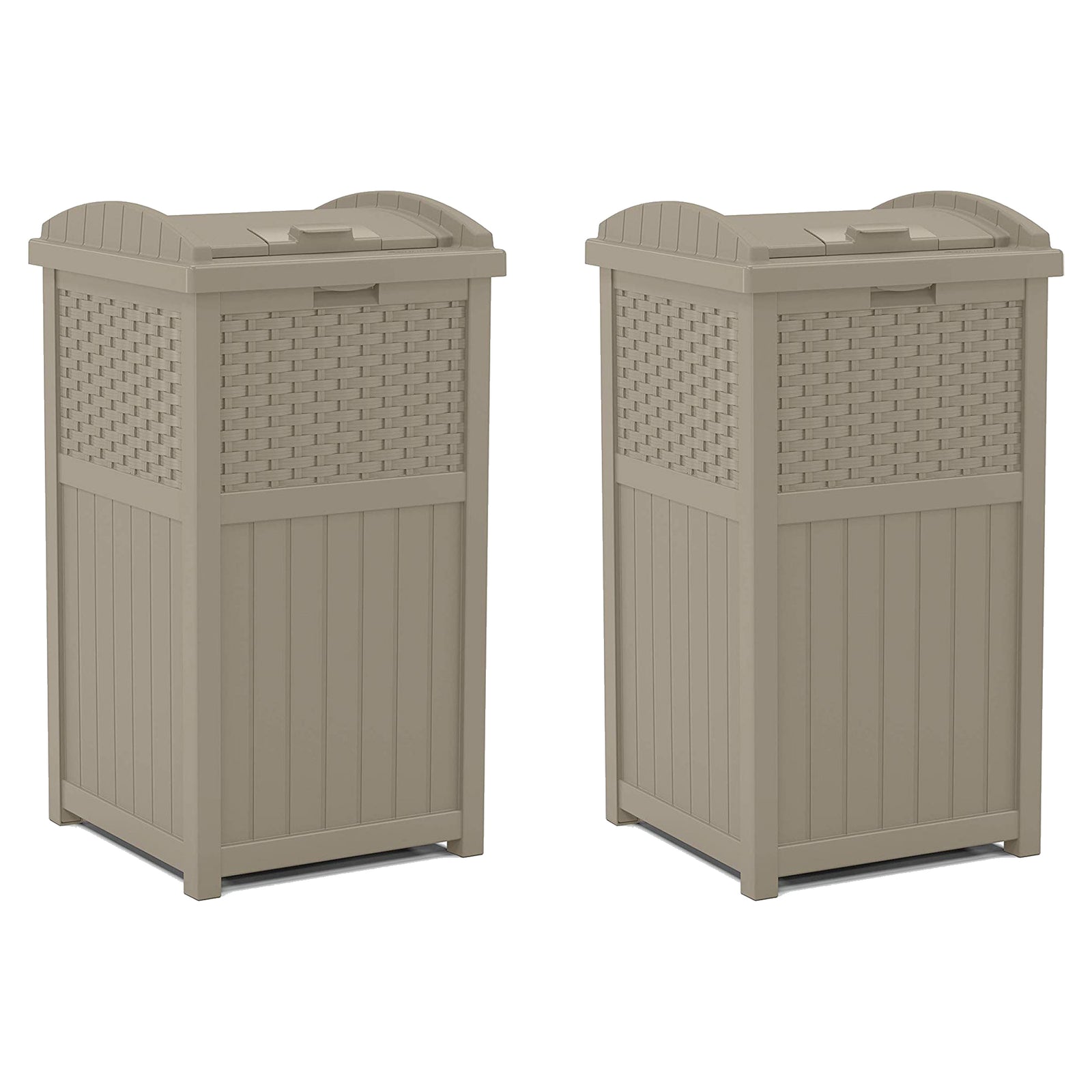 Suncast Wicker Plastic Hideaway Trash Can with Latching Lid, Dark Taupe (2 Pack) - VMInnovations