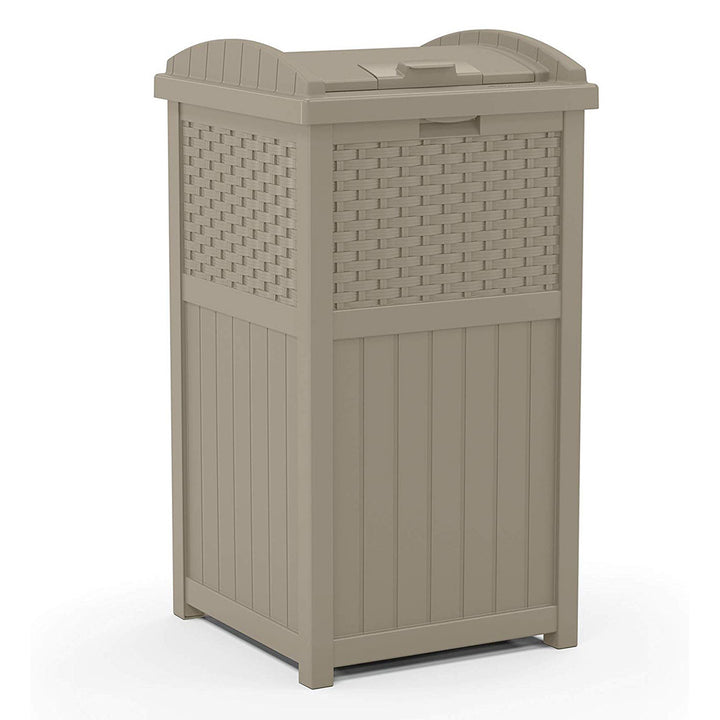 Suncast Wicker Plastic Hideaway Trash Can with Latching Lid, Dark Taupe (2 Pack)