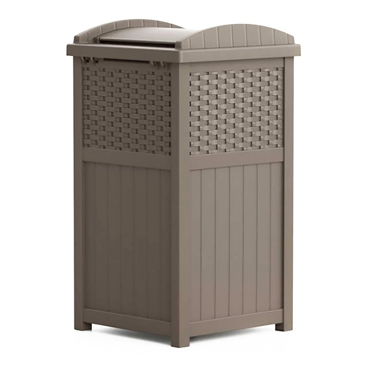 Suncast Wicker Plastic Hideaway Trash Can with Latching Lid, Dark Taupe (2 Pack)