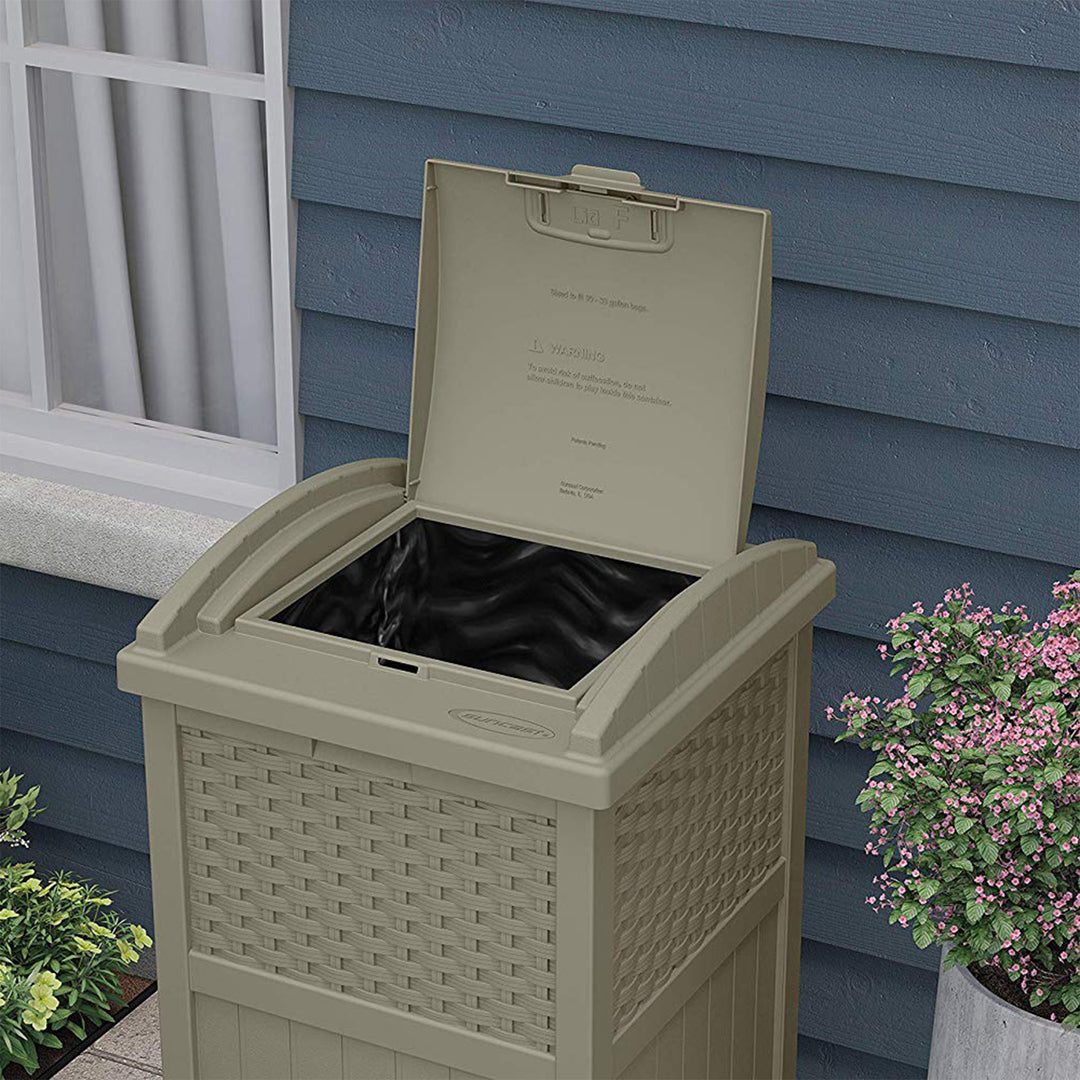 Suncast Wicker Plastic Hideaway Trash Can with Latching Lid, Dark Taupe (2 Pack)