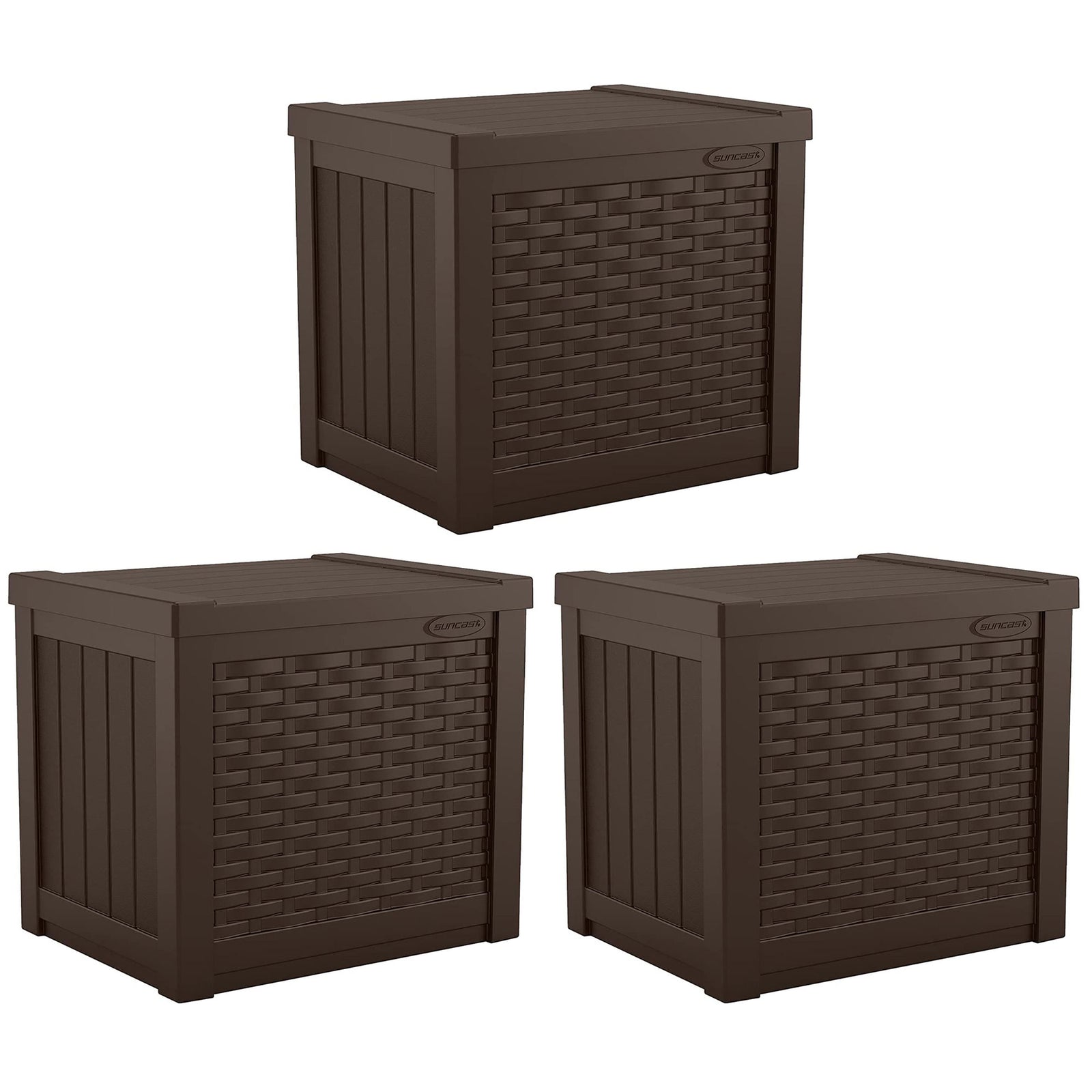 Suncast 22 Gallon Outdoor Patio Small Deck Box with Storage Seat, Java (3 Pack) - VMInnovations