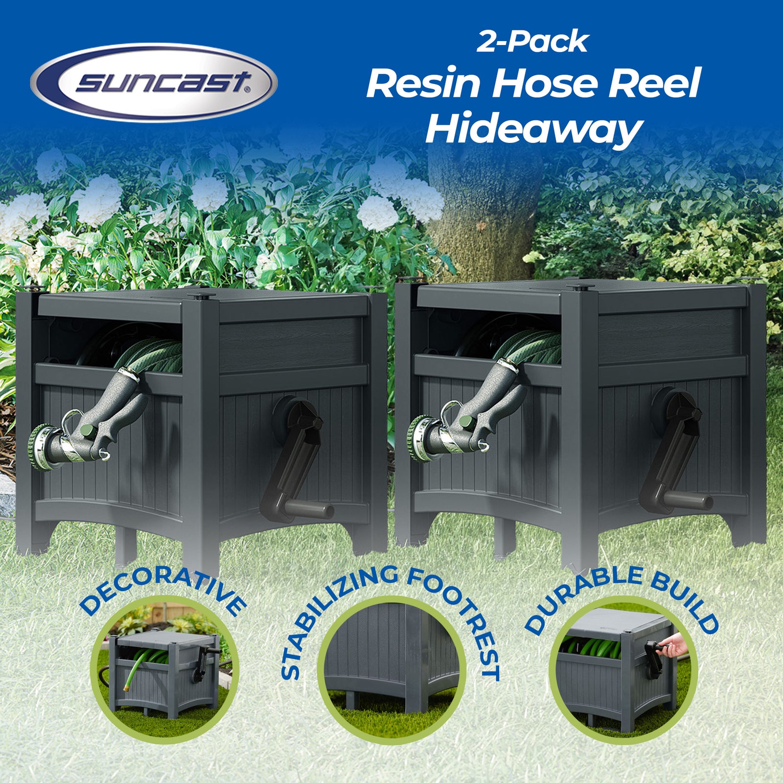 Suncast Hideaway 100 Ft Garden Hose Reel for 5/8 Inch Hoses, Cyberspace (2 Pack) - VMInnovations