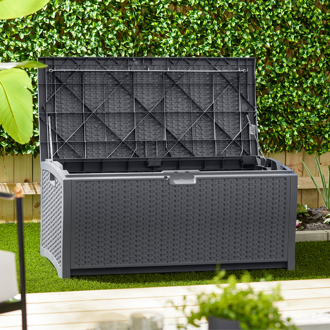 Suncast 73 Gallon Wicker Outdoor Patio Storage Deck Box, Cyberspace (2 Pack)